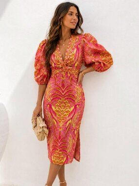 FARM Rio Pineapple Tapestry Pink Midi Dress